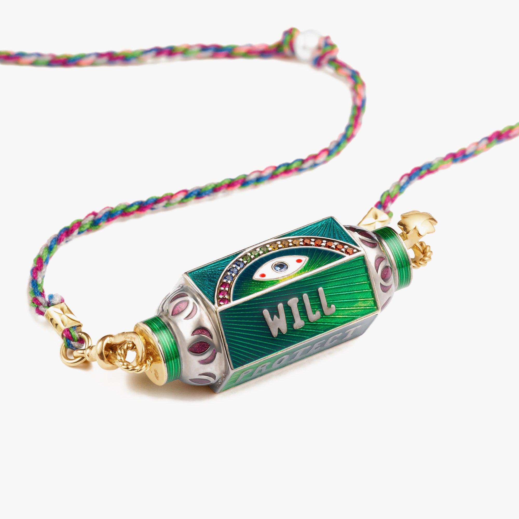 Eye will green 14k gold and rhodium locket with diamonds, sapphires and enamel on a blue and burgundy Mauli pearl necklace