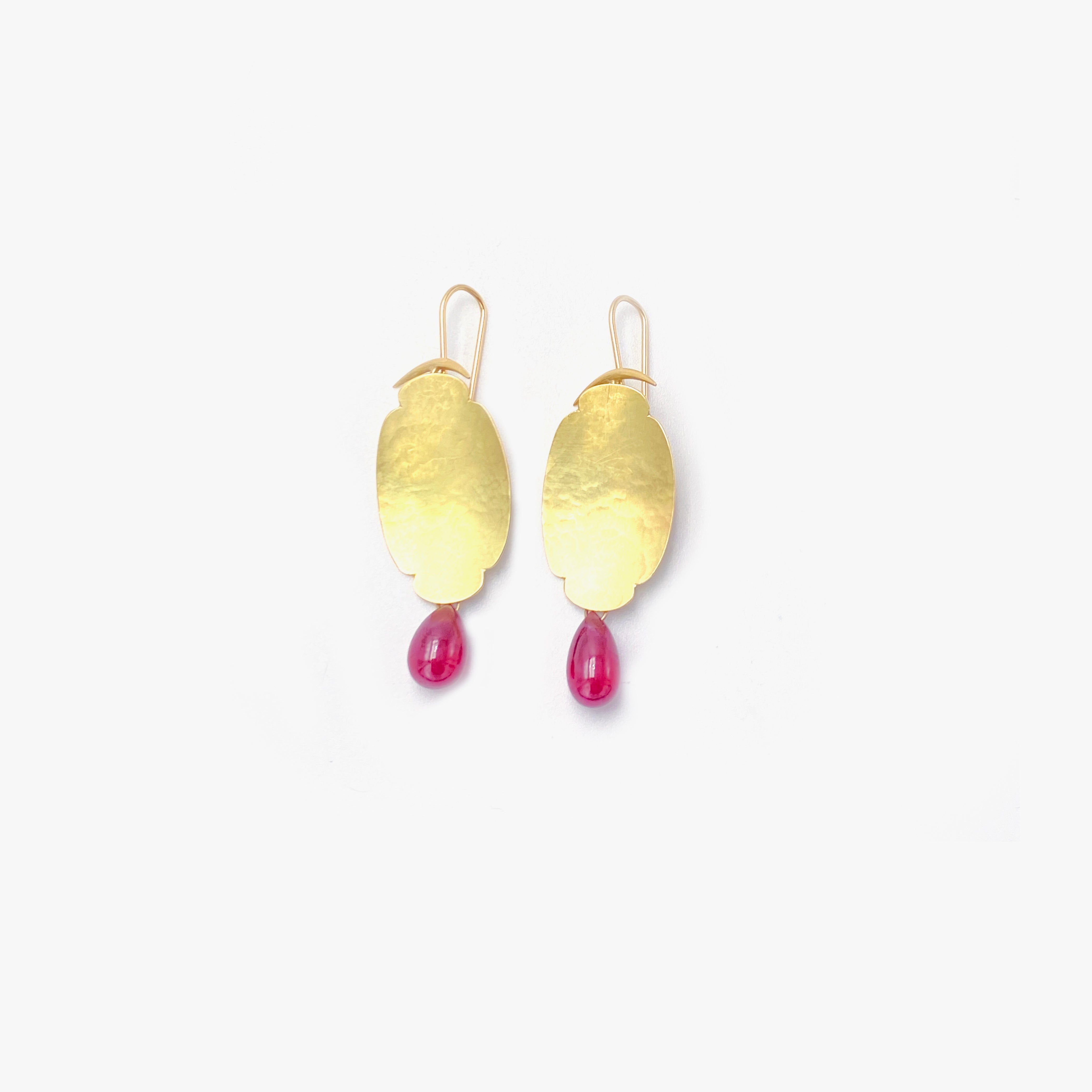 Hammered Scallop Earrings with Ruby Drops
